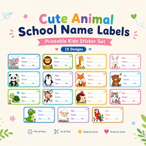 Può includere: Un set di 15 etichette scolastiche rettangolari con animali dei cartoni animati colorati, tra cui un elefante, leone, giraffa, coniglio, panda, pinguino, volpe, orso, tartaruga, scimmia, riccio, gatto, dinosauro, pecora e pappagallo con righe vuote.
