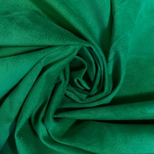 Può includere: Primo piano di un tessuto verde scuro con una texture morbida e vellutata. Il tessuto è piegato e drappeggiato, creando uno schema morbido e fluido.
