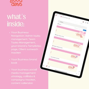 May include: A screenshot of a computer screen displaying a website with a pink and white colour scheme. The website is called "Good Days" and features a list of functions, including "Client Portal", "SMM Portal", and "Team Page".
