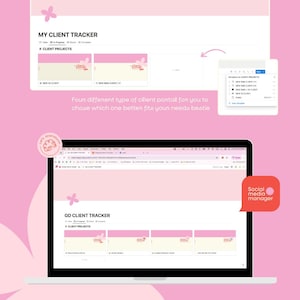 May include: A laptop screen displaying a website with the text "MY CLIENT TRACKER" and "GD CLIENT TRACKER". The website features a client portal with four different layouts. The website is designed with a pink and white colour scheme and includes a floral design element.