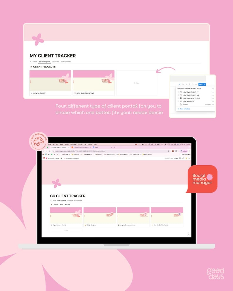 May include: A laptop screen displaying a website with the text "MY CLIENT TRACKER" and "GD CLIENT TRACKER". The website features a client portal with four different layouts. The website is designed with a pink and white colour scheme and includes a floral design element.