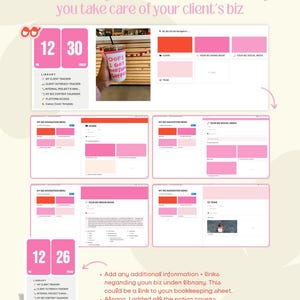 May include: A pink and white digital planner template with the text "Take care of your business the same way you take care of your client's biz." The template includes sections for a library, client tracker, outreach tracker, internal projects, content calendar, platform access, and Canva cover templates.