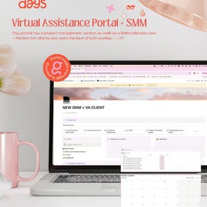 May include: A laptop computer screen displaying a website with the text "NEW SMM + VA CLIENT". The website has a project management section and a calendar view. The text "Keep track of your VA tasks and your client's content. All in one place." is displayed at the bottom of the screen.