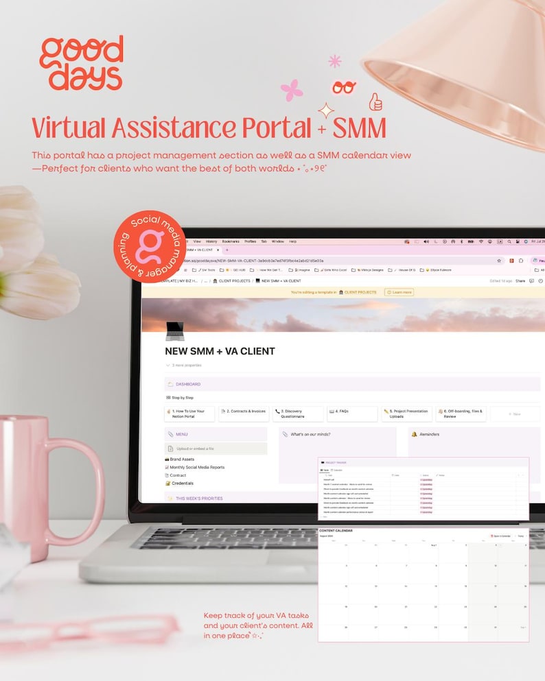 May include: A laptop computer screen displaying a website with the text "NEW SMM + VA CLIENT". The website has a project management section and a calendar view. The text "Keep track of your VA tasks and your client's content. All in one place." is displayed at the bottom of the screen.