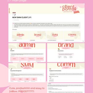 May include: A pink and white screenshot of a website with the text "Sneak Peek Social Media Management VI" and "NEW SMM CLIENT | V1". The website is divided into sections with the headings "Admin", "Brand", "SMM", and "Comm".