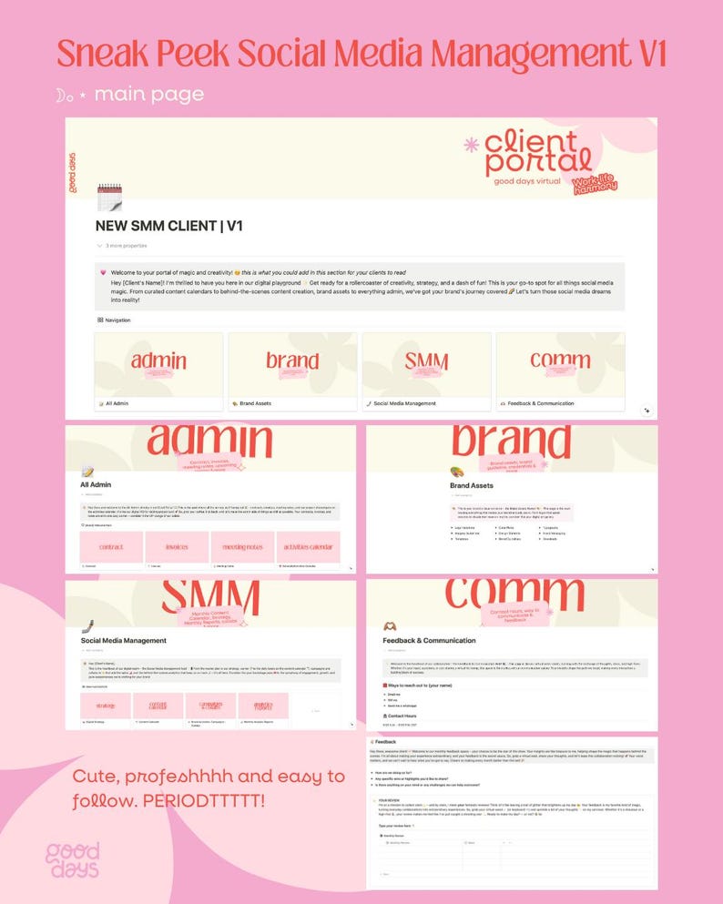 May include: A pink and white screenshot of a website with the text "Sneak Peek Social Media Management VI" and "NEW SMM CLIENT | V1". The website is divided into sections with the headings "Admin", "Brand", "SMM", and "Comm".