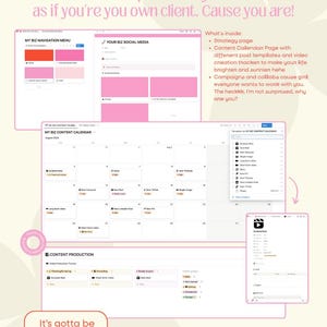 May include: A computer screen displaying a content calendar with a pink and white colour scheme. The calendar is labelled "My Biz Content Calendar" and includes a list of content ideas for each day of the month. The screen also includes a section labelled "Content Production" with a list of tasks related to creating and publishing content. The text "It's gotta be aesthetic" is displayed in a speech bubble.