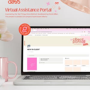 May include: A laptop computer with a bright pink and white website open on the screen. The website is titled "Client Portal" and features a section for "New VA Client". The laptop is on a white desk with a pink mug and a pair of pink glasses.