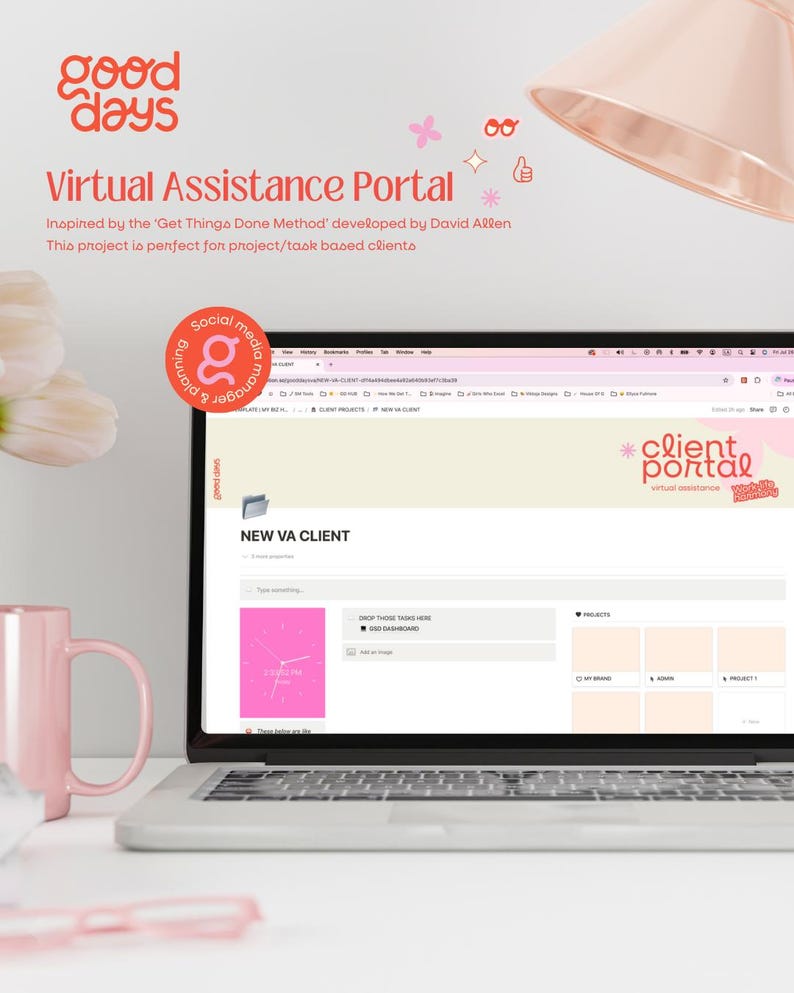 May include: A laptop computer with a bright pink and white website open on the screen. The website is titled "Client Portal" and features a section for "New VA Client". The laptop is on a white desk with a pink mug and a pair of pink glasses.