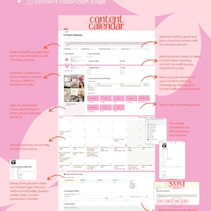 May include: A pink and white content calendar template with the words "Content Calendar" and "Content Calendar" in bold text. The template includes sections for important dates, content pillars, and a monthly content overview.