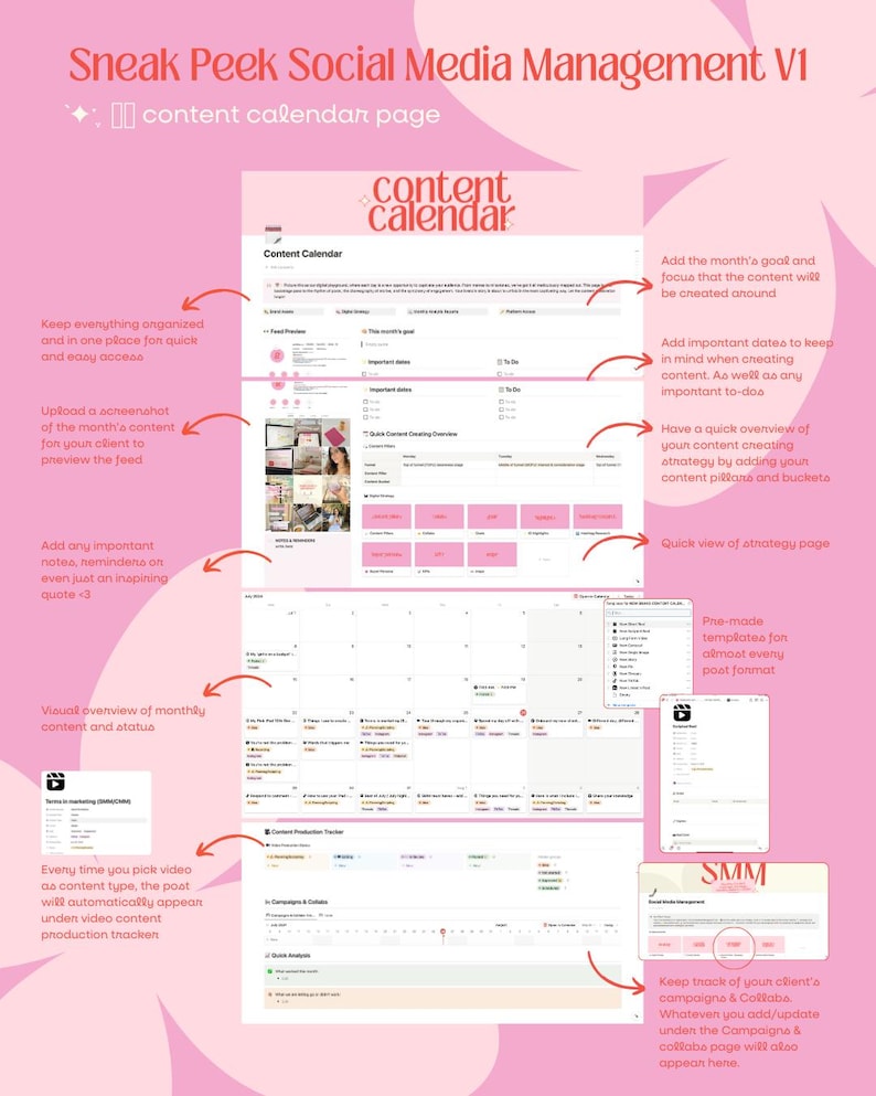 May include: A pink and white content calendar template with the words "Content Calendar" and "Content Calendar" in bold text. The template includes sections for important dates, content pillars, and a monthly content overview.
