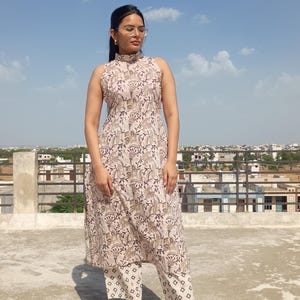 Women beige hand block print kurta & Trousers | kurta set | indian wear | sleeveless kurta for women for office wear/party wear/ casual days
