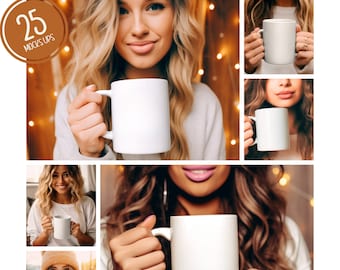 Cozy Boho Model Mug MockUps Coffee Cup Mock up Bundle, 11oz 15oz Modern Coffee Cup Mock Up Photograph Styled Stock Photo Template