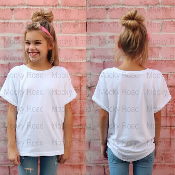 White Front & Back Youth Oversized T-Shirt Mockup Model Bundle Little Girls Outdoor Graphic Tee Tshirt Mock up, Bella Canas 3001Y G500B