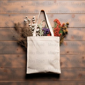 Boho Natural Canvas Tote Bag Mockup, Liberty Bags OAD113 Mockup, Wild Flower Minimalist Style Printify Pinterst Mockup, Port Authority B150 image 1