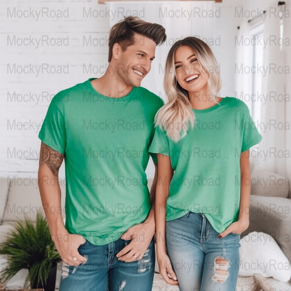 Heather Kelly Couples Mock, Bella Canvas Model Green Tshirt Mock, 3001 Holiday Mockup, Christmas Mock, Family Man and Woman Lifestyle Shirt