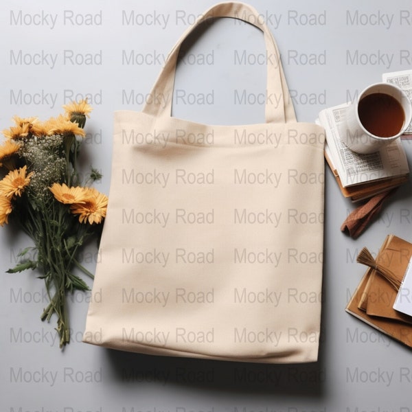 Boho Natural Canvas Tote Bag Mockup, Liberty Bags OAD113 Mockup, Wild Flower Minimalist Style Printify Pinterst Mockup, Port Authority B150