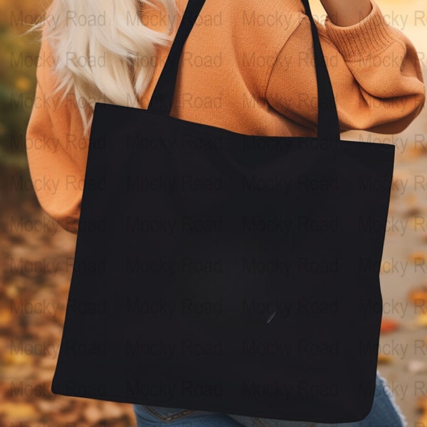 Boho Black Canvas Tote Bag Mockup, 15x16 Fall Model Black tote bag mock, Trendy Gen Z Shopping bag mock, Retro Totebag Over Shoulder