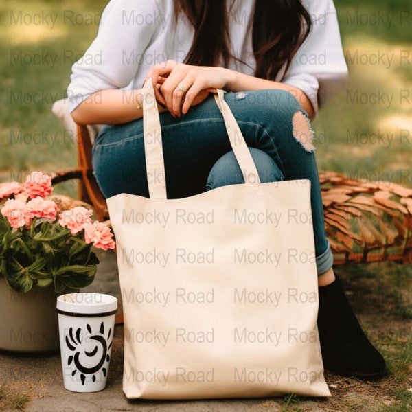 Natural Canvas Tote Bag Mock, 15x16 Shopping Bag Mock up, Boho Model Tote Mockup, Cotton Tote Bag Mock, Outdoor Tote Mock, Simple Tote Bag