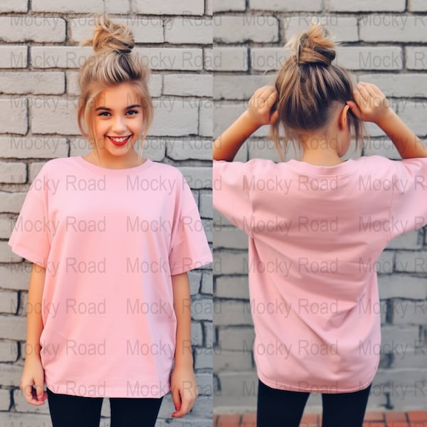 Pink Front & Back Youth Oversized T-Shirt Mockup Model Bundle Little Girls Outdoor Graphic Tee Tshirt Mock up, Bella Canas 3001Y G500B