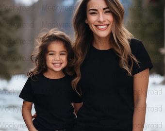 Black Mom Daughter Mock, Bella Canvas 3001Y, 3001T BC, Rabbit Skins 3321, Blank Shirt Mockup, Modeled Mommy Me Mock, Mum Child Winter Mock