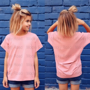 Pink Front & Back Youth Oversized T-Shirt Mockup Model Bundle Little Girls Outdoor Graphic Tee Tshirt Mock up, Bella Canas 3001Y G500B