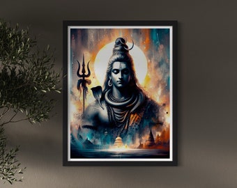 Könnte beinhalten: Ein gerahmter Druck eines hinduistischen Gottes, Shiva, mit einem dritten Auge, der in meditativer Haltung sitzt. Der Hintergrund ist ein farbenfrohes abstraktes Design mit einer strahlend gelben Sonne.