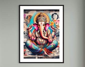 Stampa artistica di graffiti di Ganesh: decorazione murale astratta del dio indù