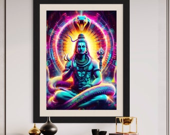 Könnte beinhalten: Ein gerahmtes, lebendiges Kunstwerk zeigt eine sitzende Figur mit blauer Haut, geschmückt mit Schmuck und einer Schlange, die sich um sie windet. Das Kunstwerk hat einen farbenfrohen, leuchtenden Hintergrund mit einem Schlangenkopf oben. Der Rahmen ist schwarz.