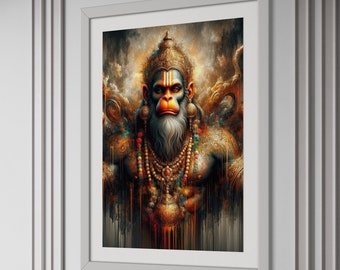 Lord Hanuman Kunstdruck in Gold: Hinduistische spirituelle Kunst