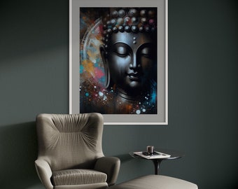 May include: A framed print of a black and white painting of Buddha's face with a colorful background of splattered paint. The print is hanging on a dark green wall above a gray armchair and ottoman.