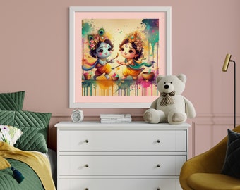 Baby Krishna & Radha Art Print – Whimsical Hindu God Poster