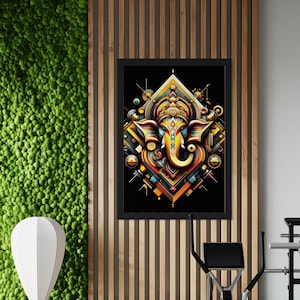 Geometrische Ganesha Wand Kunst Druck - Heilige Symmetrie auf schwarzem Hintergrund, spirituelle Wohnkultur - Hindu Gott Druck, A5 - A0 Größe Poster Drucke