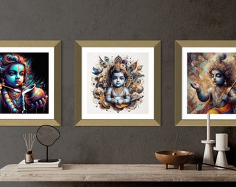 Baby Krishna-kunstprintset – expressionisme van de hindoegod (digitale download)
