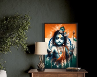 Baby Lord Krishna Wall Art Print - Contemporary Indian flag Artwork, Religious Indian Art - Hindu God home decor, A5 - A0 Size Poster Prints