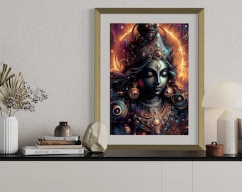 Goddess Lakshmi Art Print – Neon Symbolism, Metallic Indian Decor