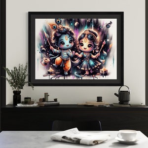 Cute Krishna & Radha Wall Art Print - Sacred baby Krishna art, Religious Indian Art - Children’s room wall art, A5 - A0 Size Poster Prints