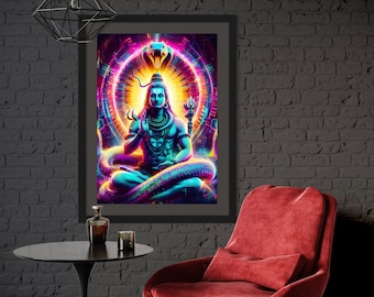 Lord Shiva Wall Art Printed Posters: Sacred Hindu Home Decor, Printed Wall Art, Neon Abstract Art Hindu God, A5 - A0 Size Matt Poster Prints