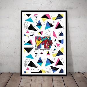May include: A white background with a colorful geometric pattern of triangles in pink, blue, yellow, and black. The Magic: The Gathering logo is in the center of the image.