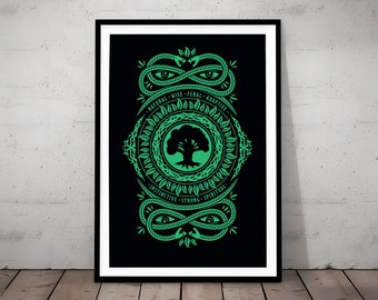 May include: A black and green poster with a circular design featuring a tree with roots and branches. The tree is surrounded by a circle of leaves and the words "Natural - Wise - Feral - Adaptive" and "Instinctive - Strong - Spiritual". The design is framed by a snake with eyes and the words "Natural - Wise - Feral - Adaptive" and "Instinctive - Strong - Spiritual".