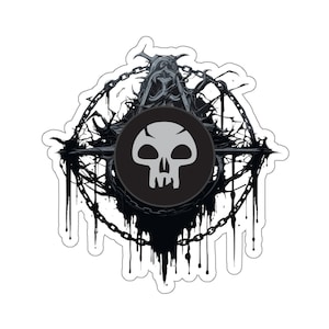 May include: Black and white sticker with a skull and chains in a circle. The skull is in the center of the circle and is surrounded by chains and thorns. The sticker is dripping with black paint.