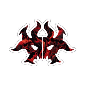 May include: A black and red sticker with a stylized design of skulls and flames. The skulls are outlined in black and have red eyes and teeth. The flames are red and orange and are arranged in a symmetrical pattern.