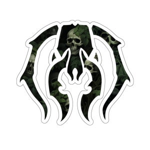 May include: Black and white sticker with a skull design. The skull is surrounded by a leafy pattern. The sticker is shaped like a stylized skull.
