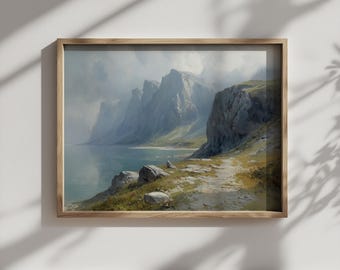 Moody Coastal Cliffs Printable Wall Art - Scandinavian Landscape Artwork, Serene Morning Mist, Norwegian Shoreline Digital Download 380