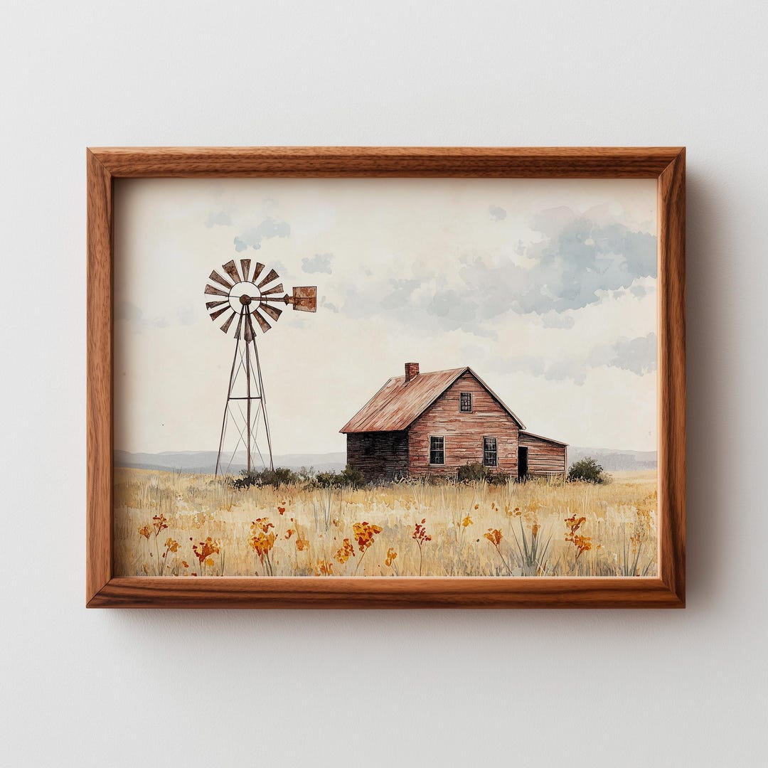 Rustic Windmill Drawing Rustic Farmhouse Windmill Illustration - Country Printable Art, Moody ...
