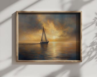 Old-World Coastal Seascape Print - Moody Sailboat Painting, Nautical Vintage Decor, Romantic Ocean Scene, Soft Lite & Reflection Art 902