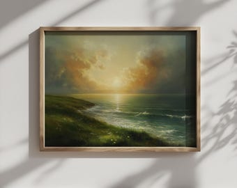 Paesaggio marino scozzese del solstizio - Stampa di paesaggio costiero, scena estiva serena e tranquilla, arte murale pittorica, download digitale 685