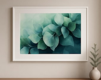 Moody Printable Botanical Abstract Painting – Minimalistyczna sztuka akwareli z liśćmi, wystrój inspirowany naturą, głębokie odcienie sosny i turkusu, cyfrowy 60