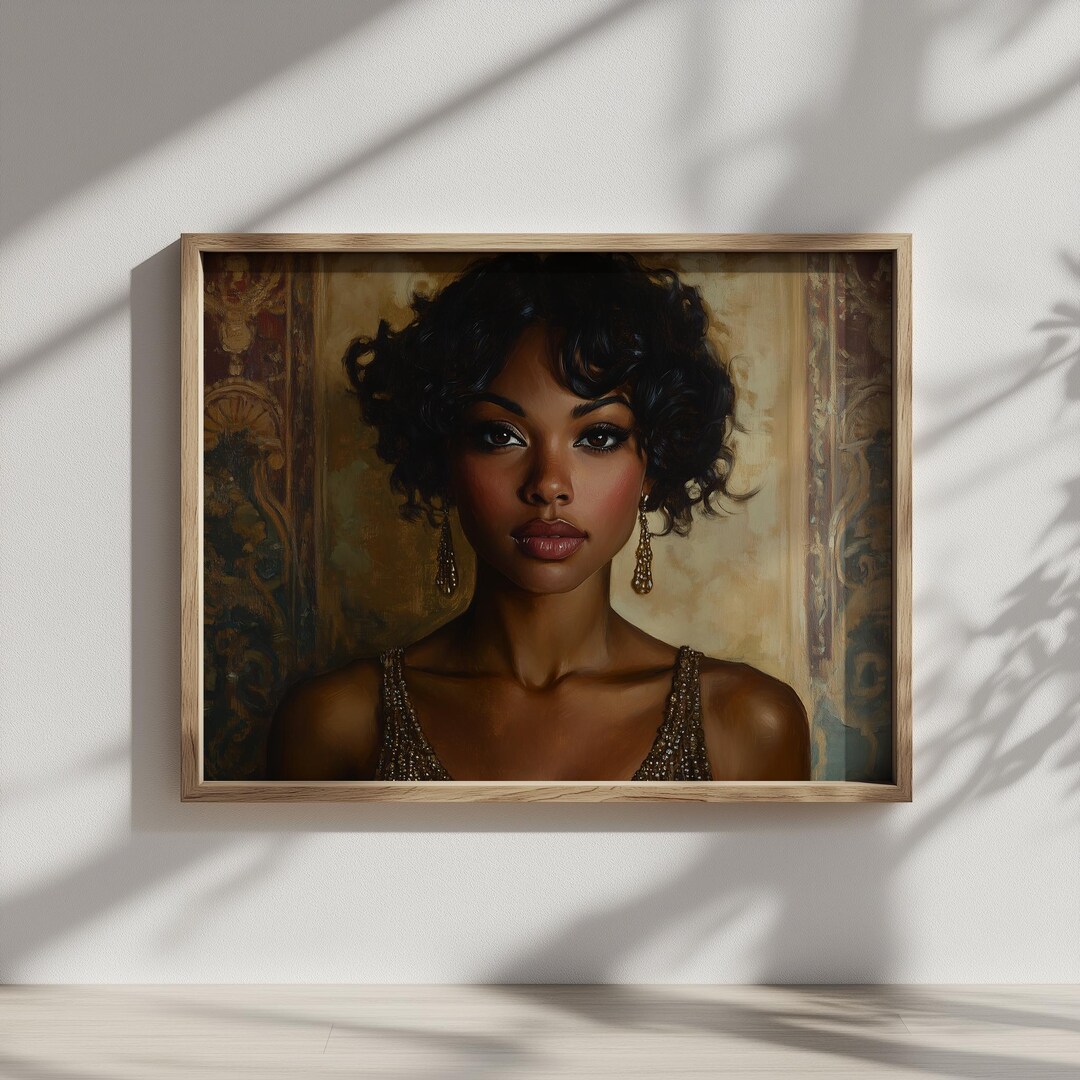 Moody Vintage Glam Portrait - Realistic Woman With Curly Hair Art ...