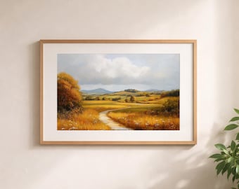 Peinture de paysage d'automne irlandaise rustique - champs dorés douillets, scène pastorale cottagecore, décoration murale de ferme, oeuvre d'art imprimable 459
